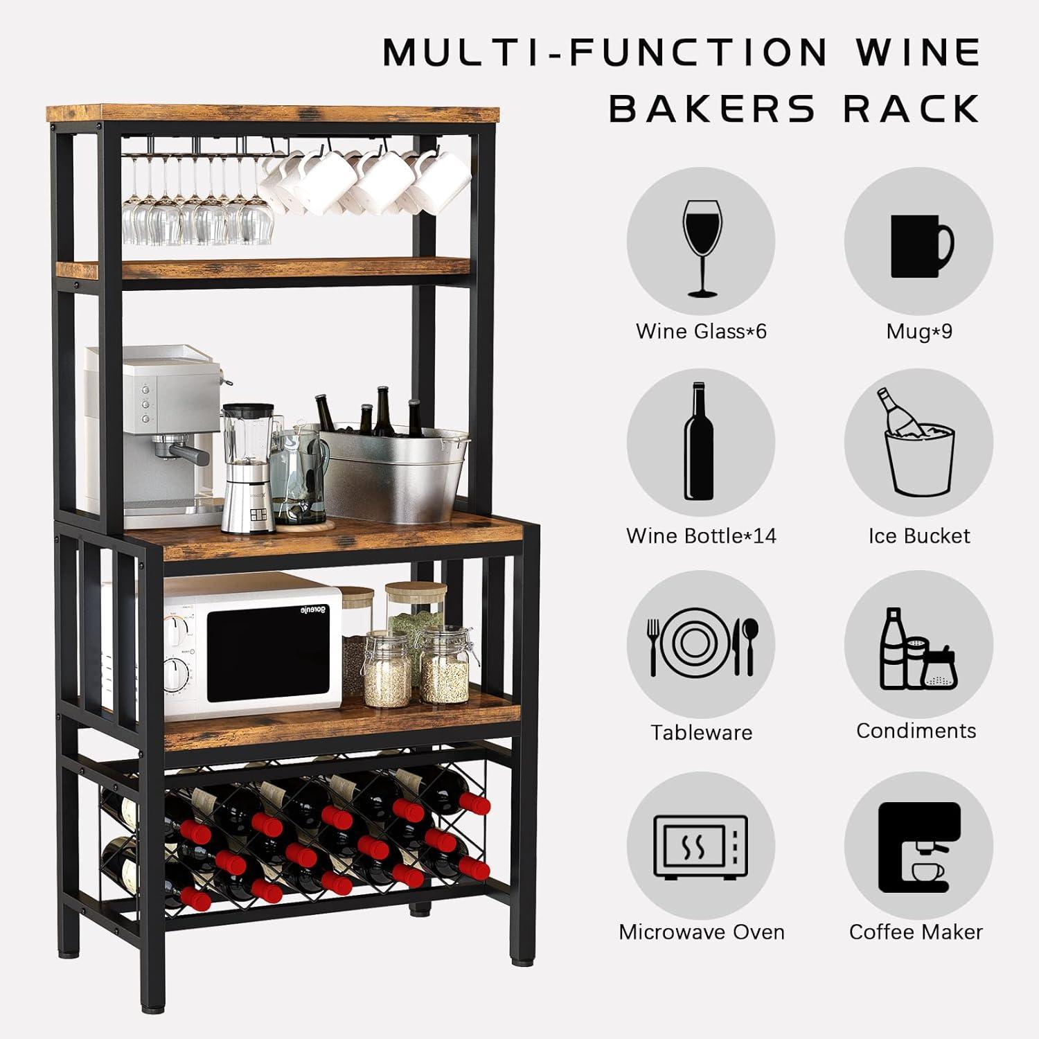 Alieon Wine Rack Freestanding Floor, Kitchen Organizers and Storage with Wine Bottle Holder Glass Holder, Multi-Function Bakers Rack Home Coffee Wine Bar Cabinet, Rustic Brown