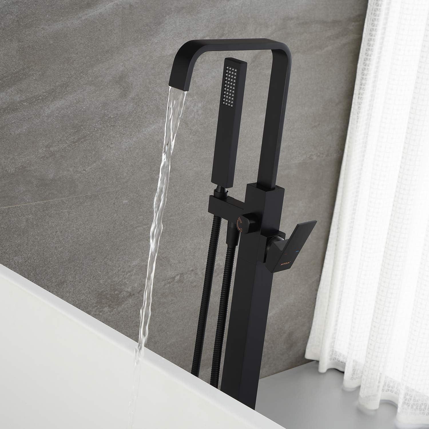 Matte Black Brass Waterfall Freestanding Tub Faucet with Hand Shower