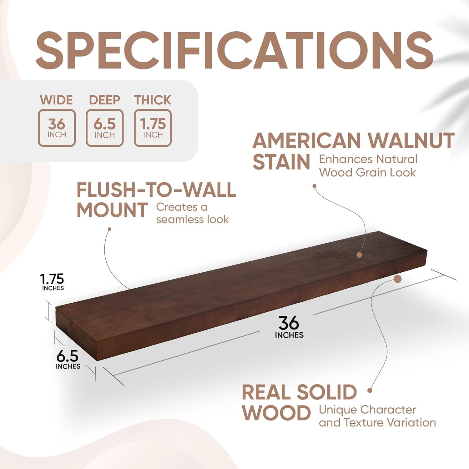 American Walnut Rustic Floating Wall Shelves Set of 2