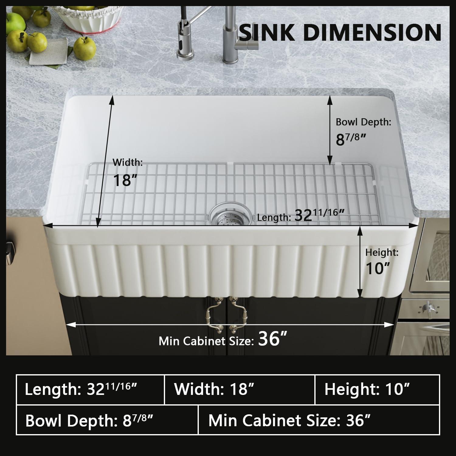 Solstice 33" L x 18" W Fireclay Farmhouse Kitchen Sink with Sink Grid and Basket Strainer