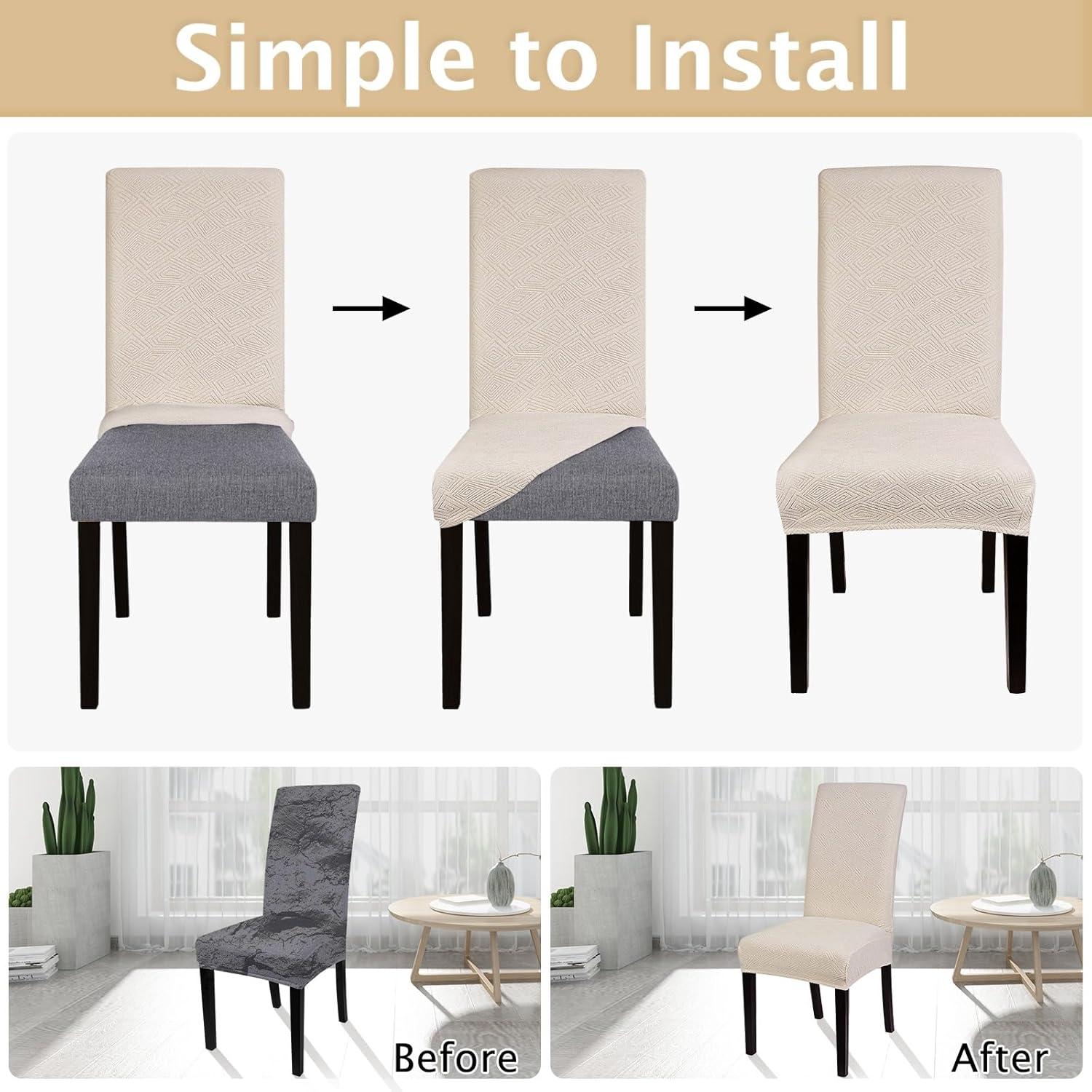 Beige Stretch Jacquard Dining Chair Covers, Set of 4