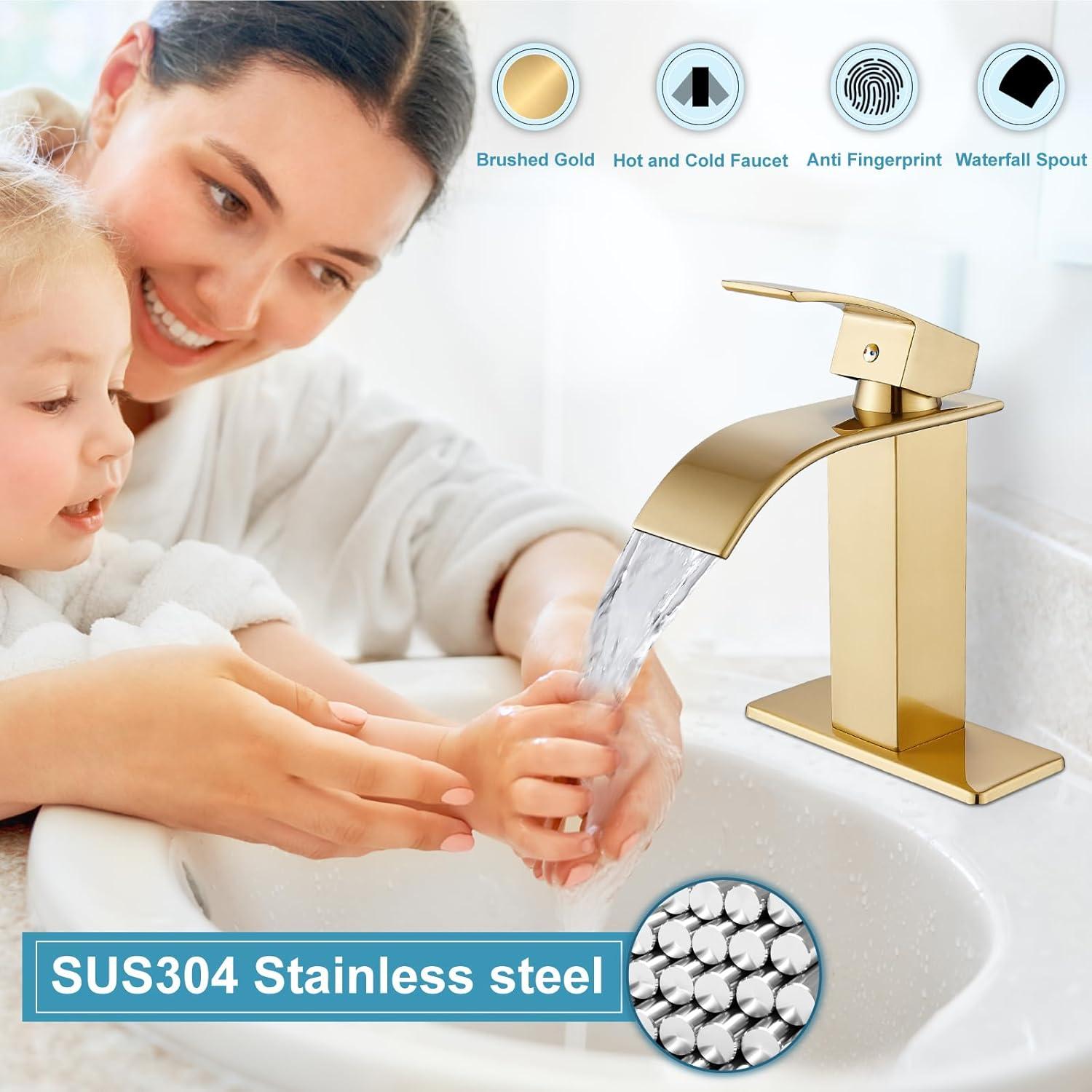 Midanya Waterfall Spout Bathroom Faucet Single Handle 1 Hole Bathroom Sink Faucet,Modern RV Lavatory Vanity Basin Tap with Water Hose,Short Body,Polish Chrome