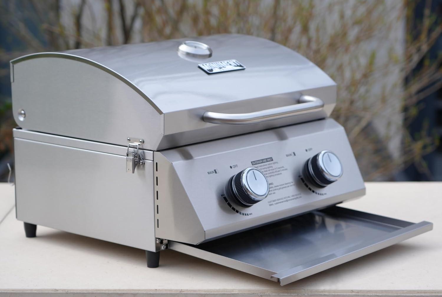 Monument Grills 13742,2-Burner Portable Stainless Steel Tabletop Propane Gas Grill with High Lid and Travel Locks, 15,000 BTU – Perfect for Family BBQs