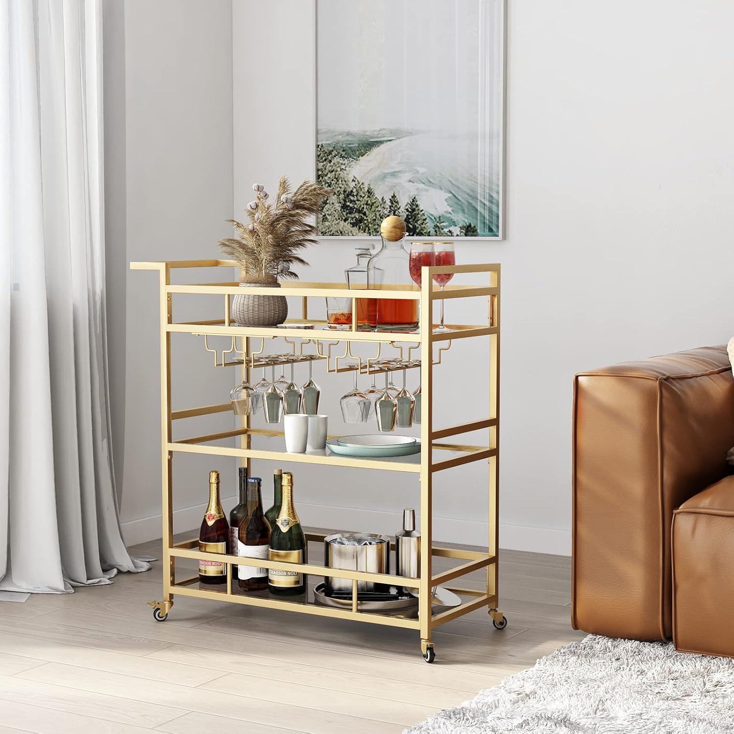 Gold 3-Tier Metal and Glass Bar Cart with Wine Rack