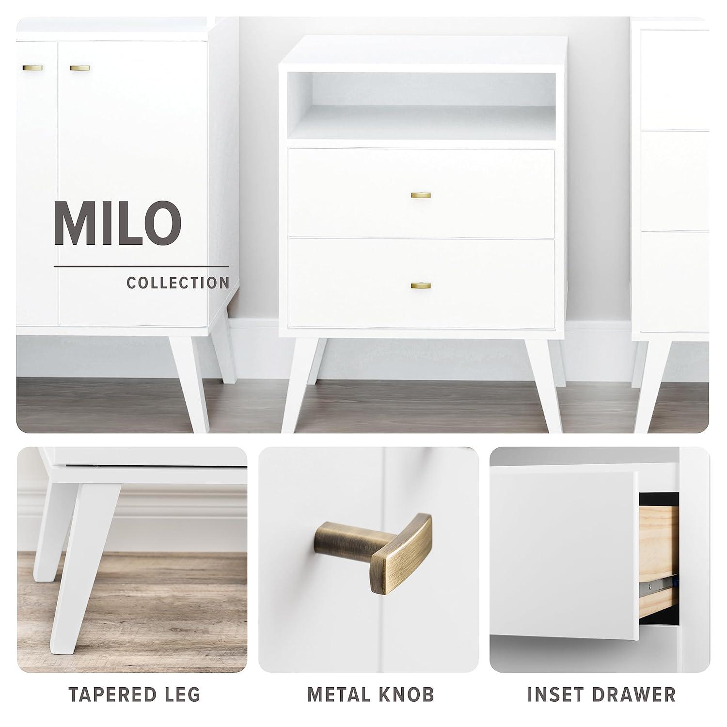 Mid Century Modern 2 Drawer Wide Nightstand White - Prepac: Sleek Bedside Table, Tapered Legs