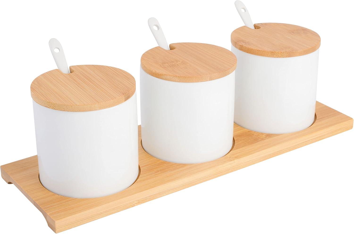 White Ceramic Condiment Jars with Bamboo Lids and Tray