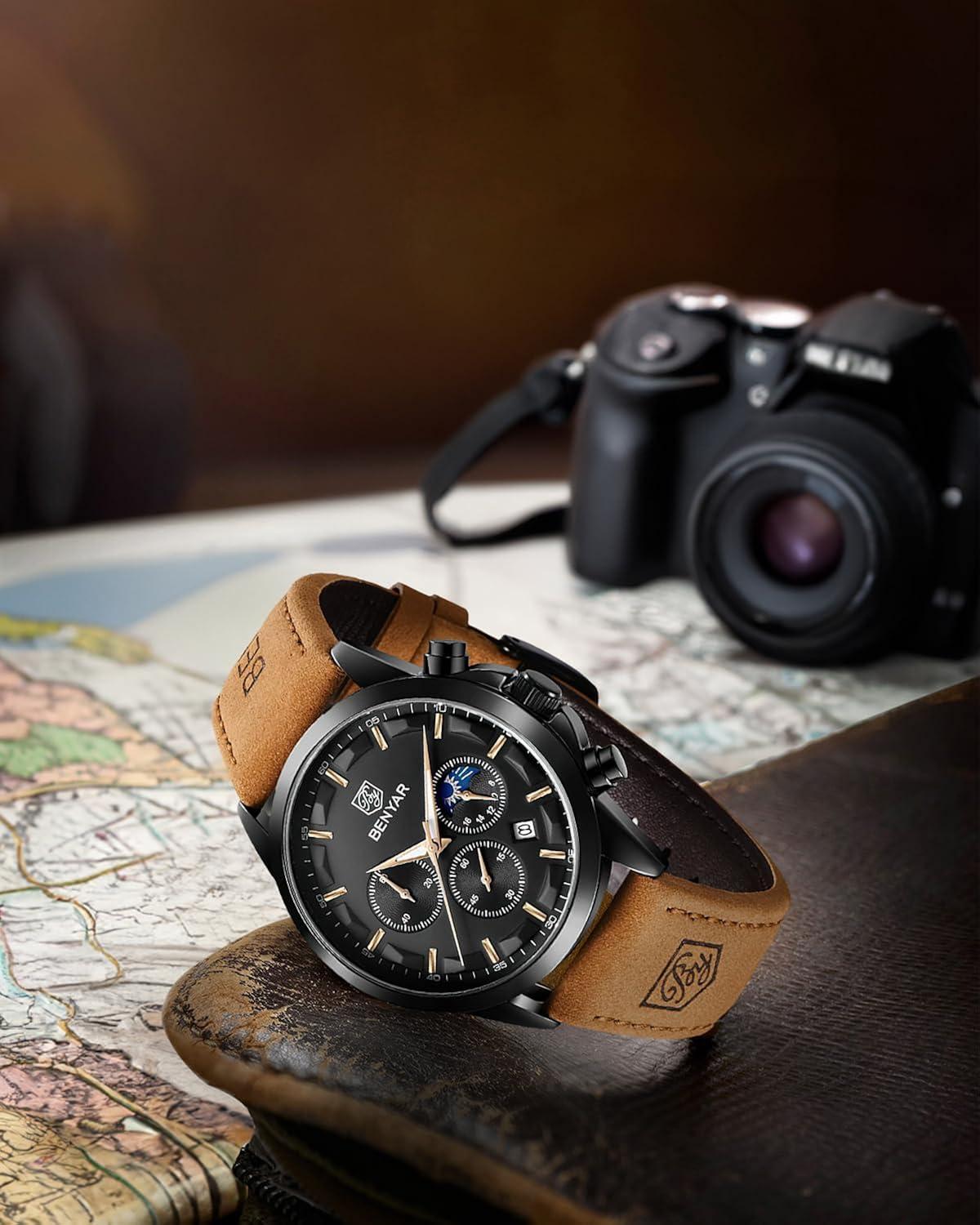 BY BENYAR Mens Watches Analog Quartz Chronograph Waterproof Wrist Watches for Men Fashion Business Work Casual Sport Designer Dress Watch with Calendar Elegant Gifts for Men