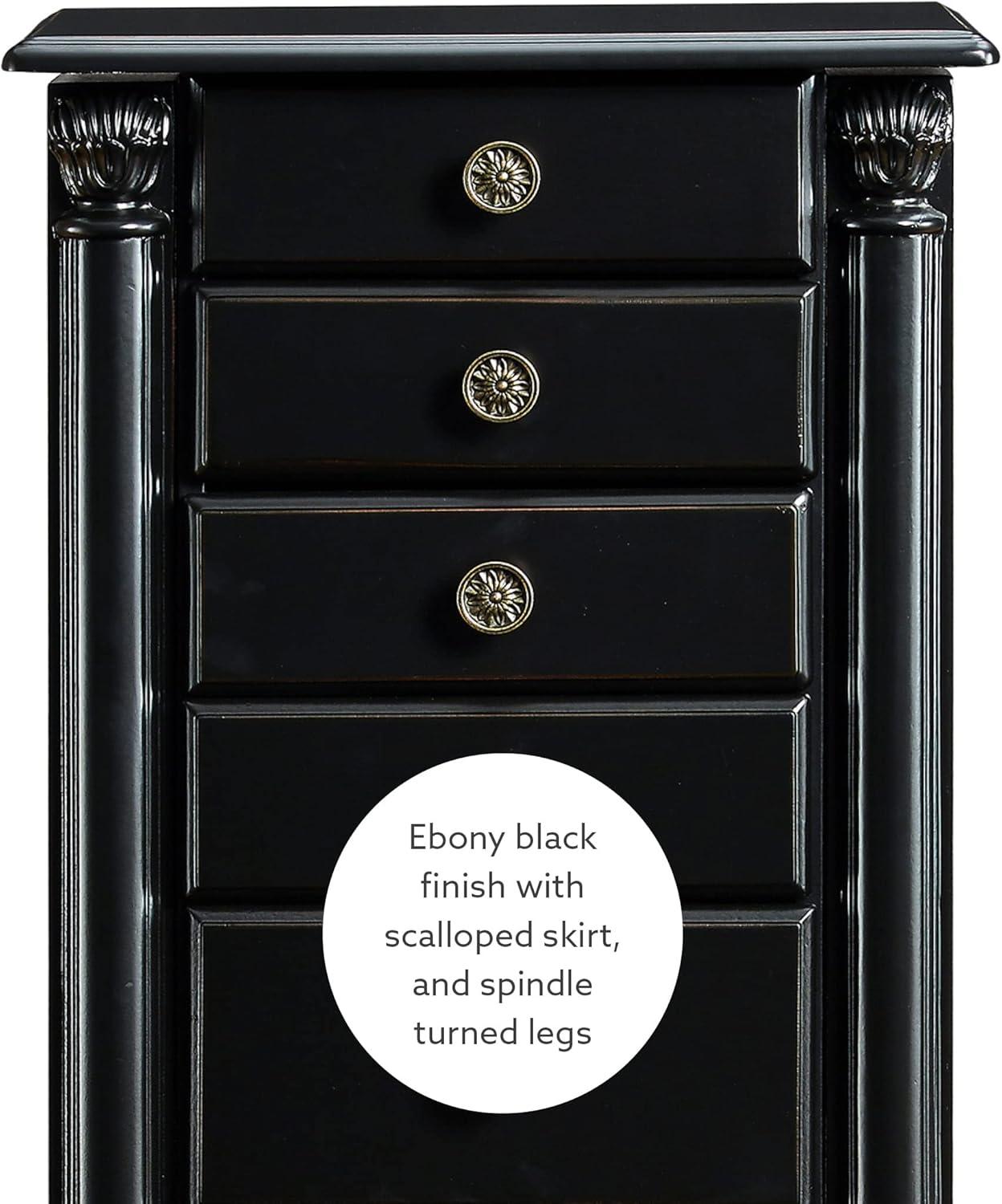 Petite Ebony Black Jewelry Armoire with Mirror and Plush Lining