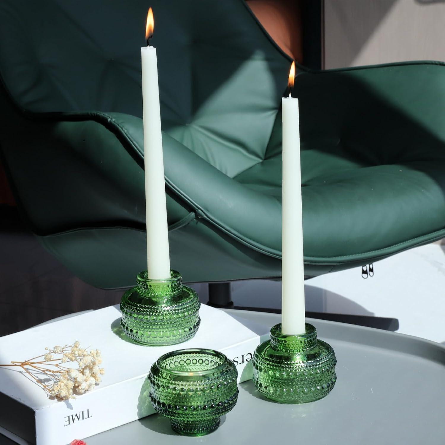 Green Ribbed Glass Reversible Candlestick Holders, Set of 4