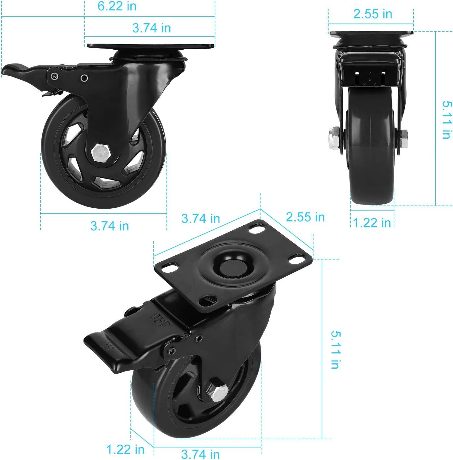 Heavy Duty 4-Inch Black PVC Swivel Caster Wheels with Brakes