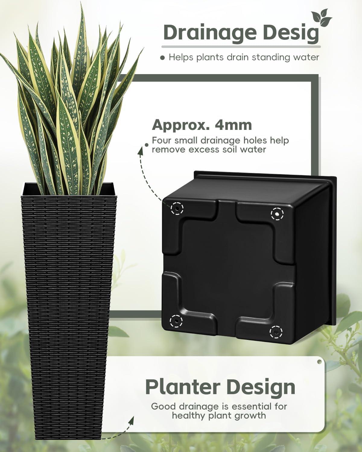Greesum 32 Inch Tall Plastic Planters with Rattan Texture – Set of 2, Detachable Inner Pot & Drainage Holes, Indoor/Outdoor Decorative Flower Pots for Large Plants, Trees, Patio, and Garden, Black