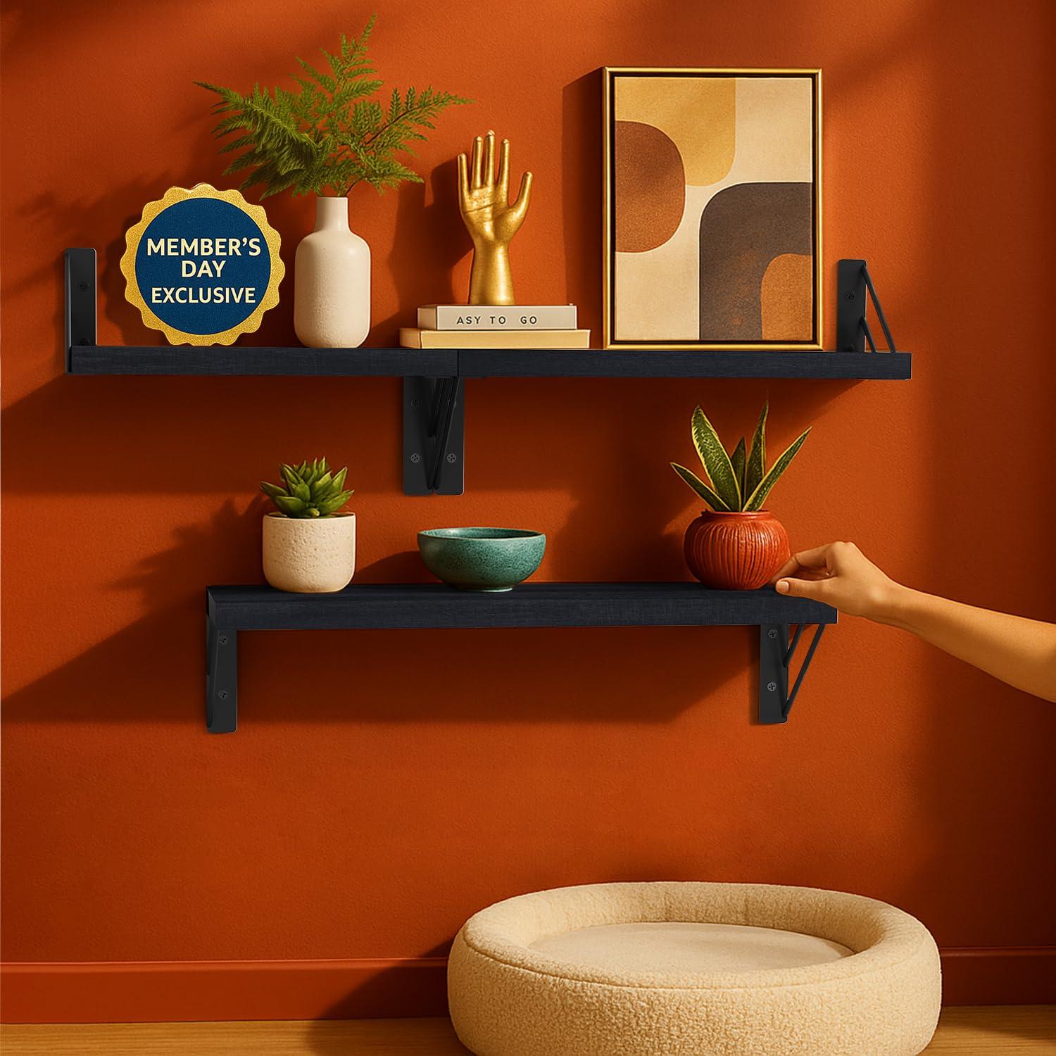 BAYKA Wall Mounted Floating Shelves, Wood Floating Wall Shelf for Books & Decor, Small Space-Saving Display & Organizer（Black，Set of 3）