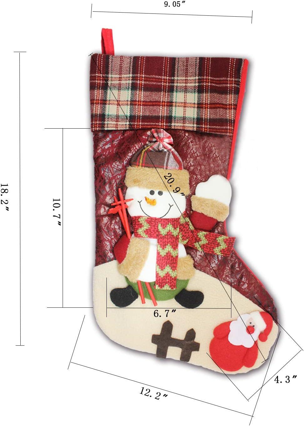 21 inch Plaid Christmas Stockings Snowman with Santa Claus One Piece, Felt Large Plush 3D Snowman Design Hanging Xmas Stocking for Girls Boys Gift Tree Mantel Party Décor (Red Snowman)