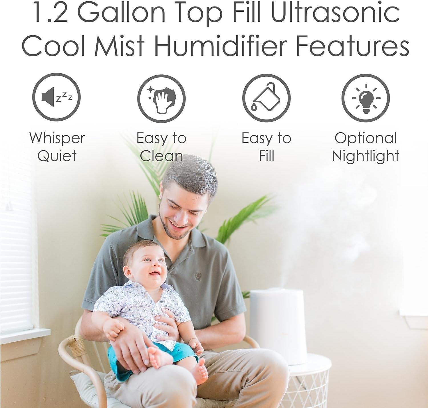 Crane USA 1.2 Gal. Cool Mist Ultrasonic Tabletop Humidifier 500 Sq. Ft., With Night Light, For Bedroom