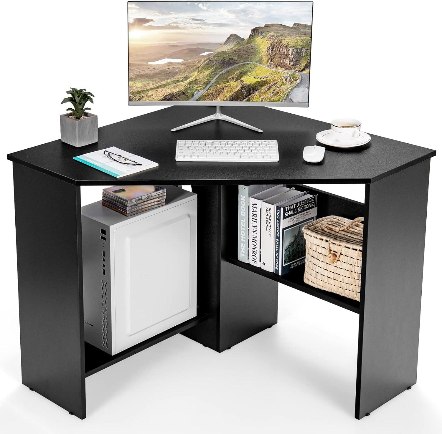 Costway Corner Computer Desk Triangle Writing Workstation w/ Storage Shelf Black