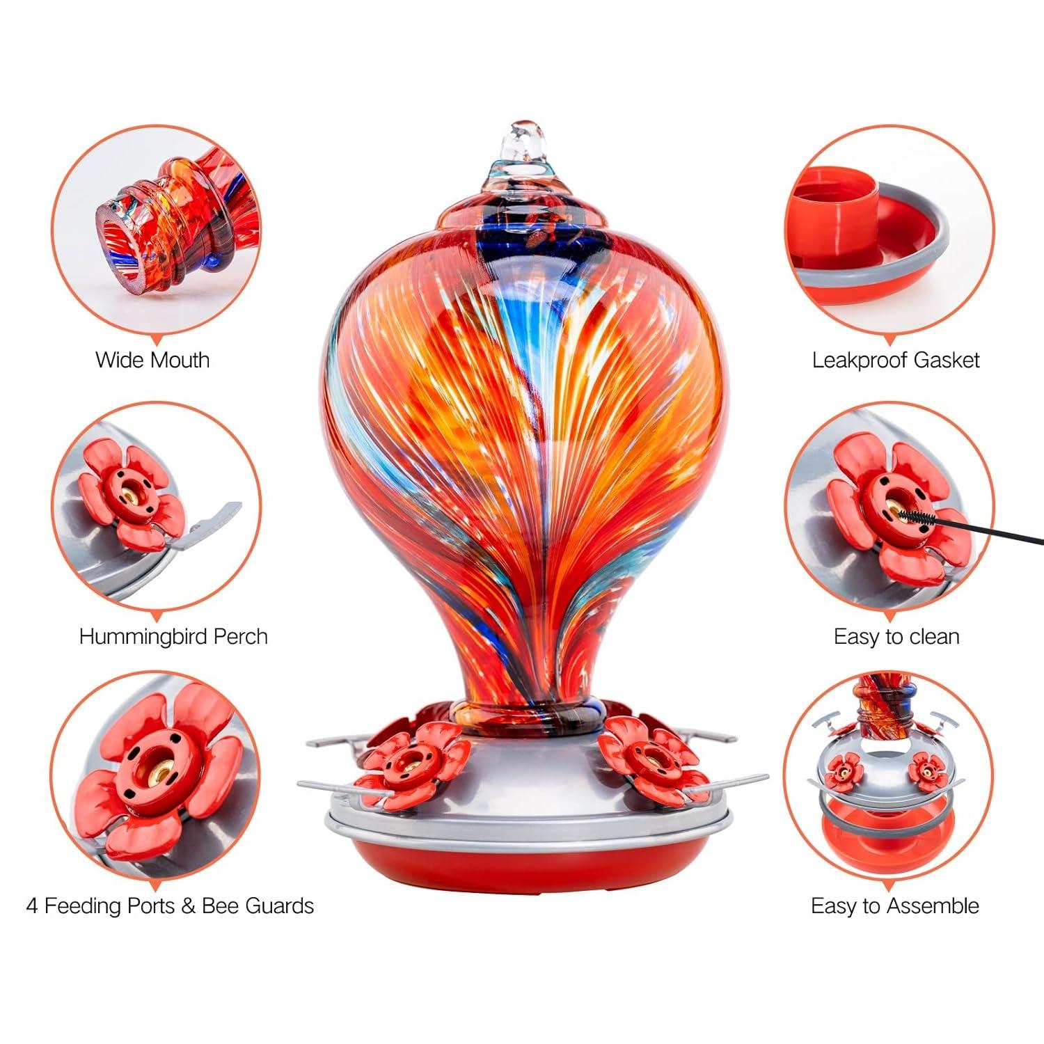 Muse Garden Hummingbird Feeders Blown Glass Hummingbird Feeder, Garden Backyard Decor, 32OZ, Mexican Stripes