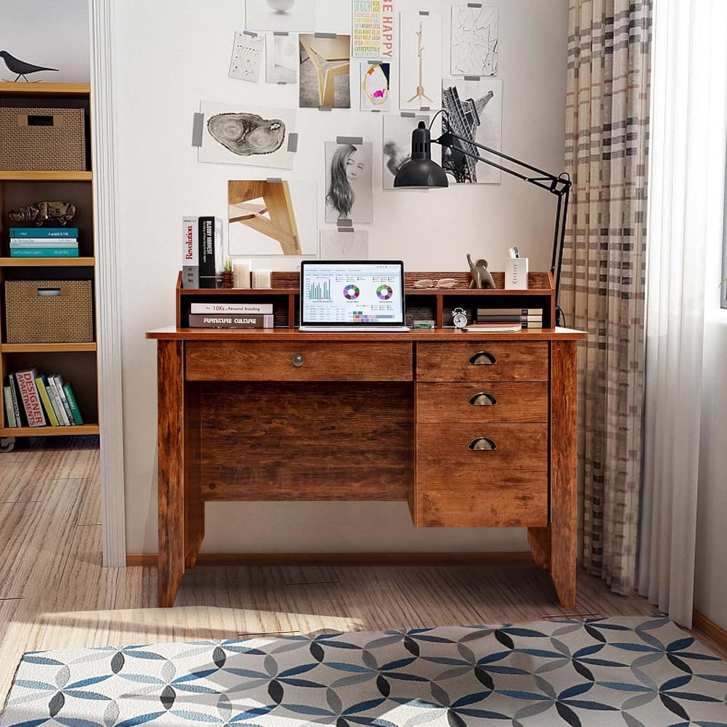 GVN Vintage Computer Desk with Storage Shelves and 4 Drawers-Rustic Brown, Desk for Bedroom, Gaming Computer Desks for Study,Working,Writing