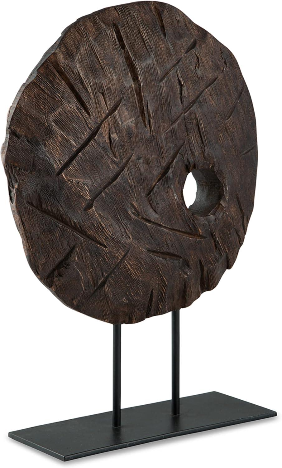 Antiqued Brown Wood Sculpture with Black Metal Base