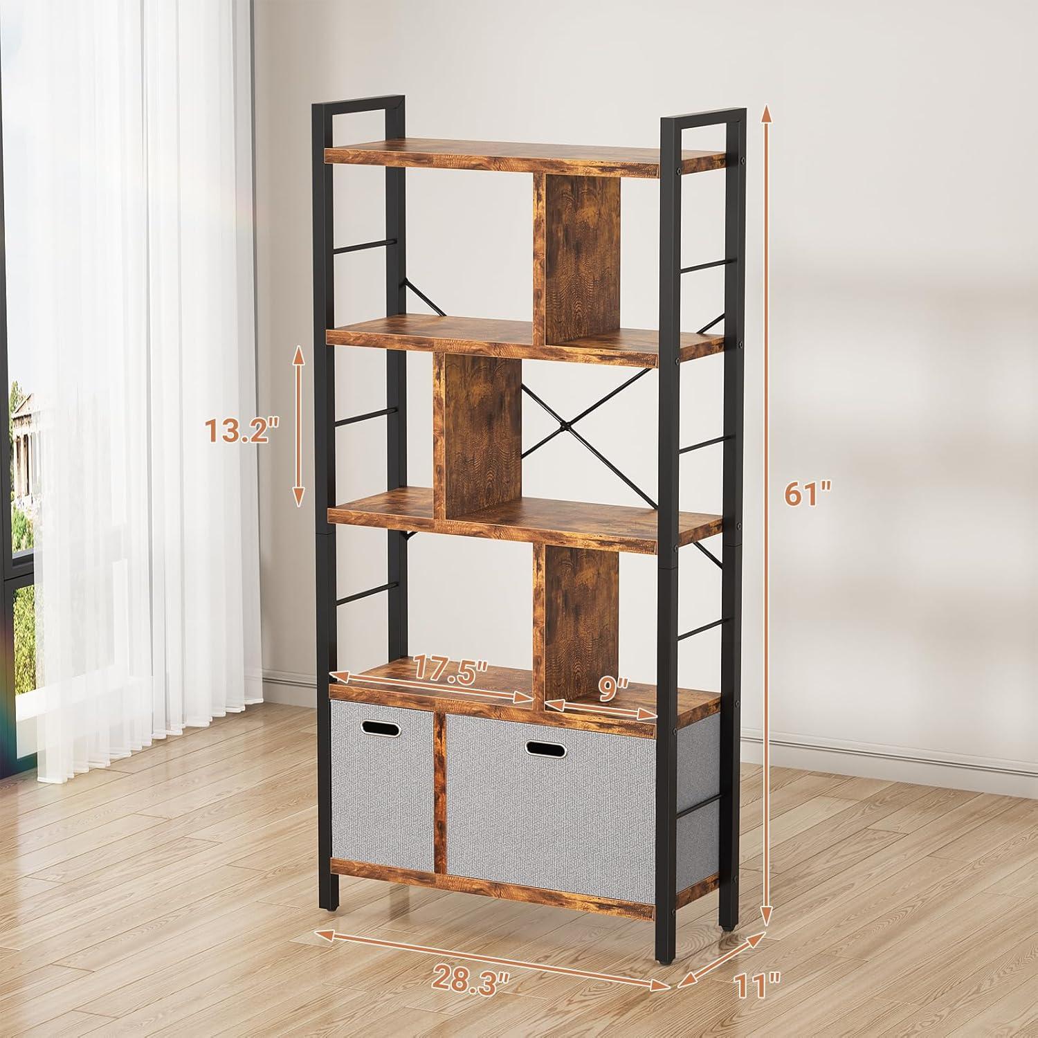 Tall Black and Wood Adjustable 5-Tier Bookshelf with Storage