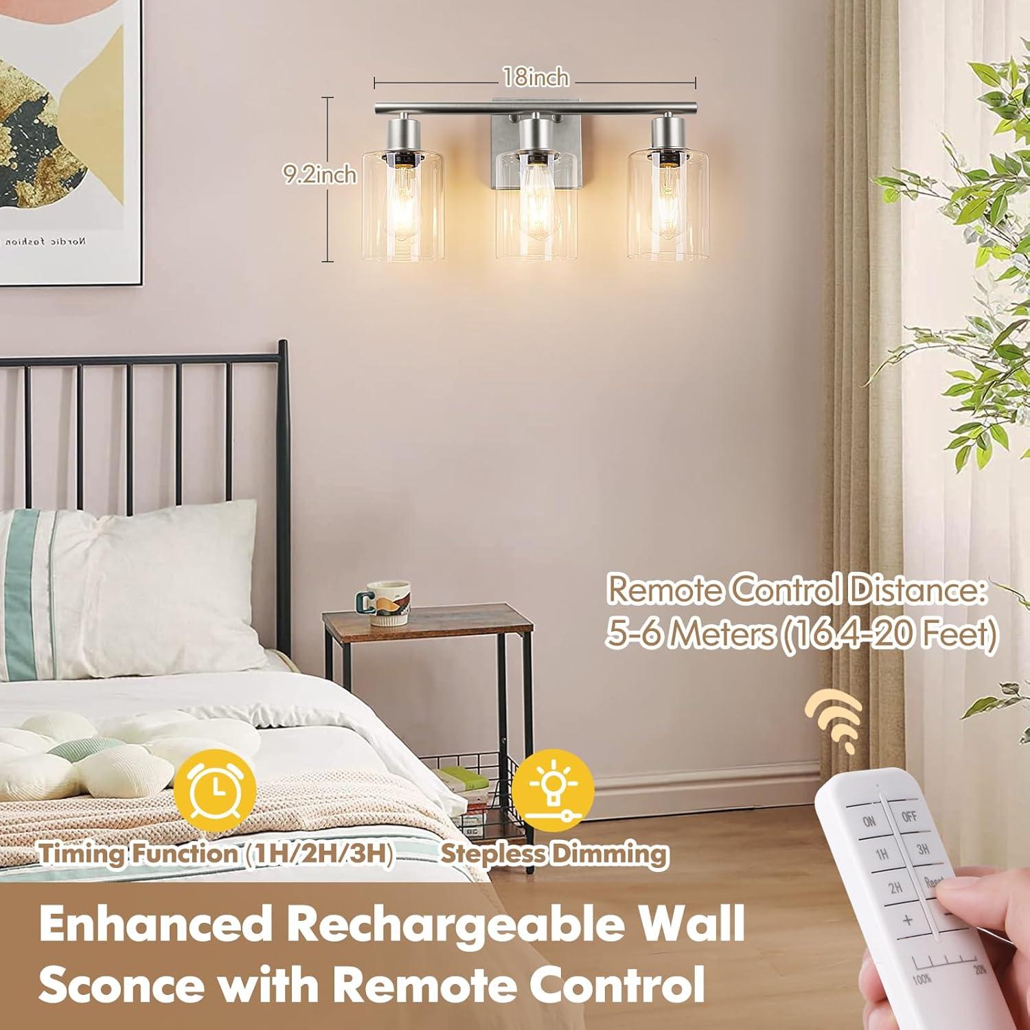 Vanity Wall Light Fixtures, Modern 3 Lights Wall Sconce with Clear Glass Shade, Brushed Nickel Farmhouse Wall Lamp for Bathroom Mirror Kitchen Porch Living Room Workshop (E26 Base)