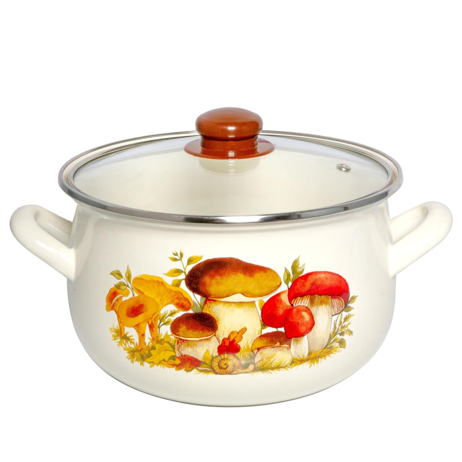 STP Goods Traditional Country Style Mushrooms Belly Deep Casserole Soup Pot with Glass Lid