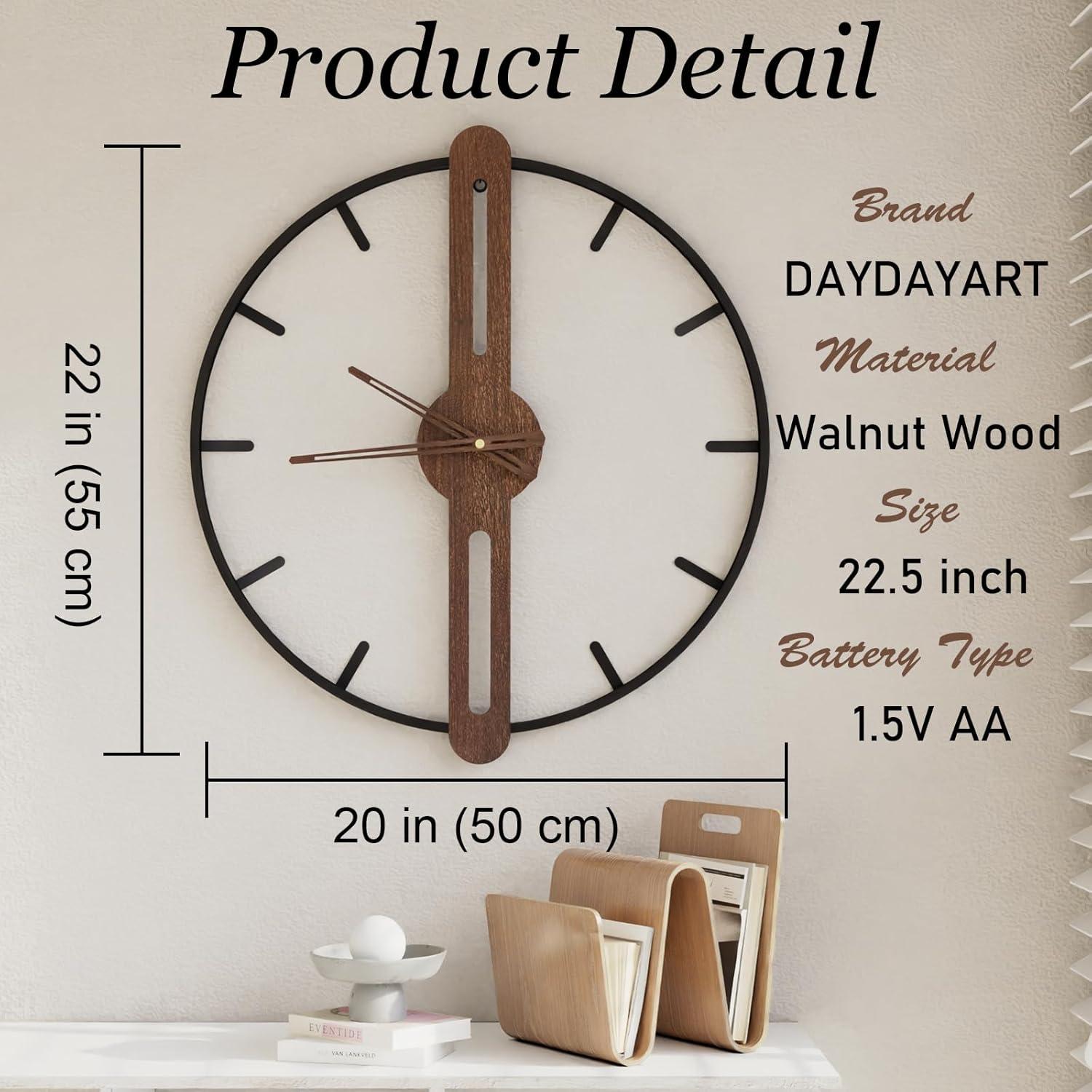 Modern Walnut and Metal Frame Silent 22.5" Wall Clock