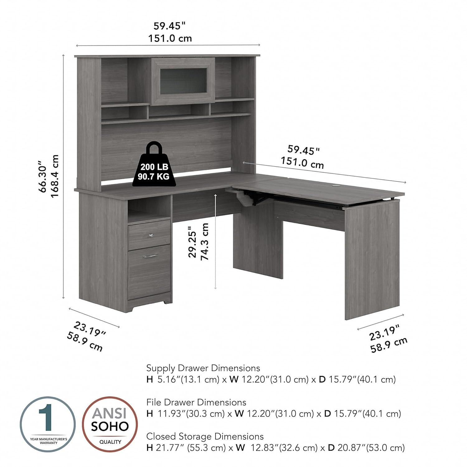 Cabot 60W Sit to Stand L Shaped Desk with Hutch in Modern Gray - Engineered Wood