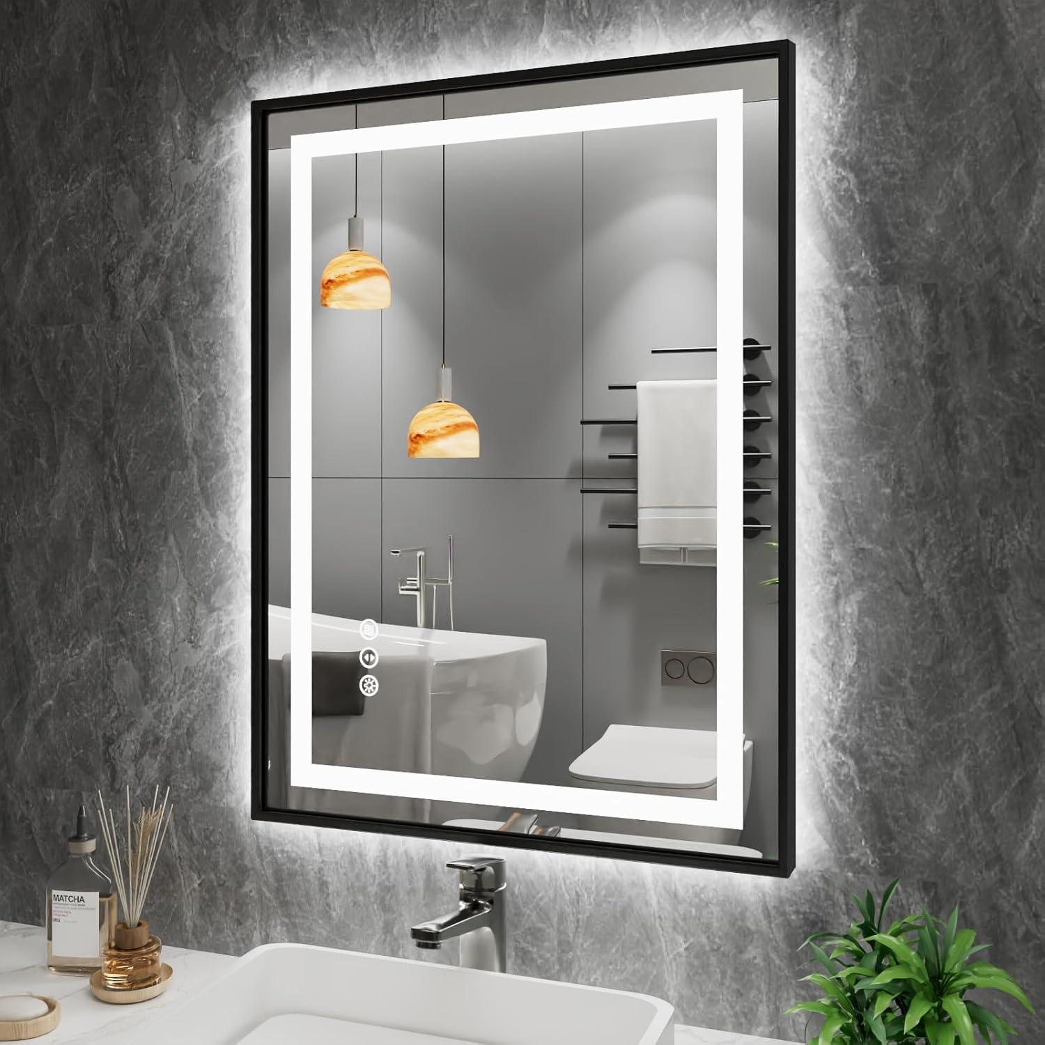 Amorho LED Mirror for Bathroom, 24"X32" with Front and Backlight, Stepless Dimmable Wall Mirrors with Anti-Fog, Shatter-Proof, Memory, 3 Colors, Double LED Vanity Mirror(Horizontal/Vertical)