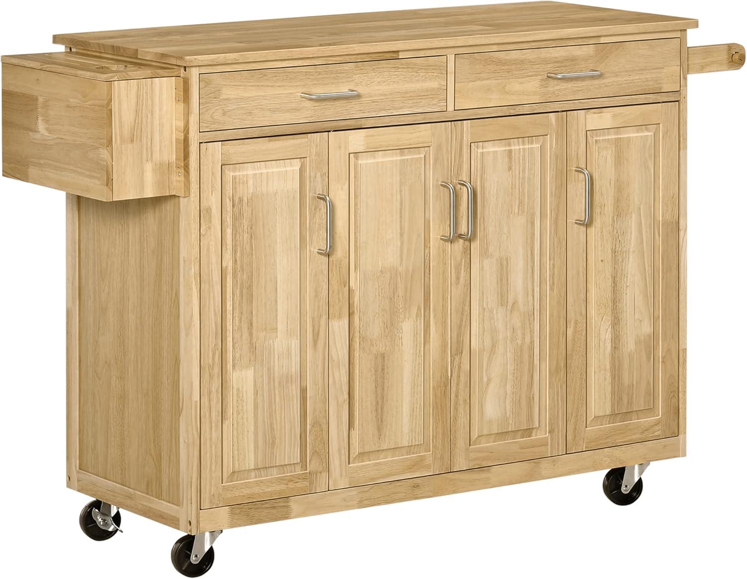 HOMCOM Wooden Rolling Kitchen Island Utility Storage Cart on Wheels with Drawers, Door Cabinets, and Knife Block for Dining Room