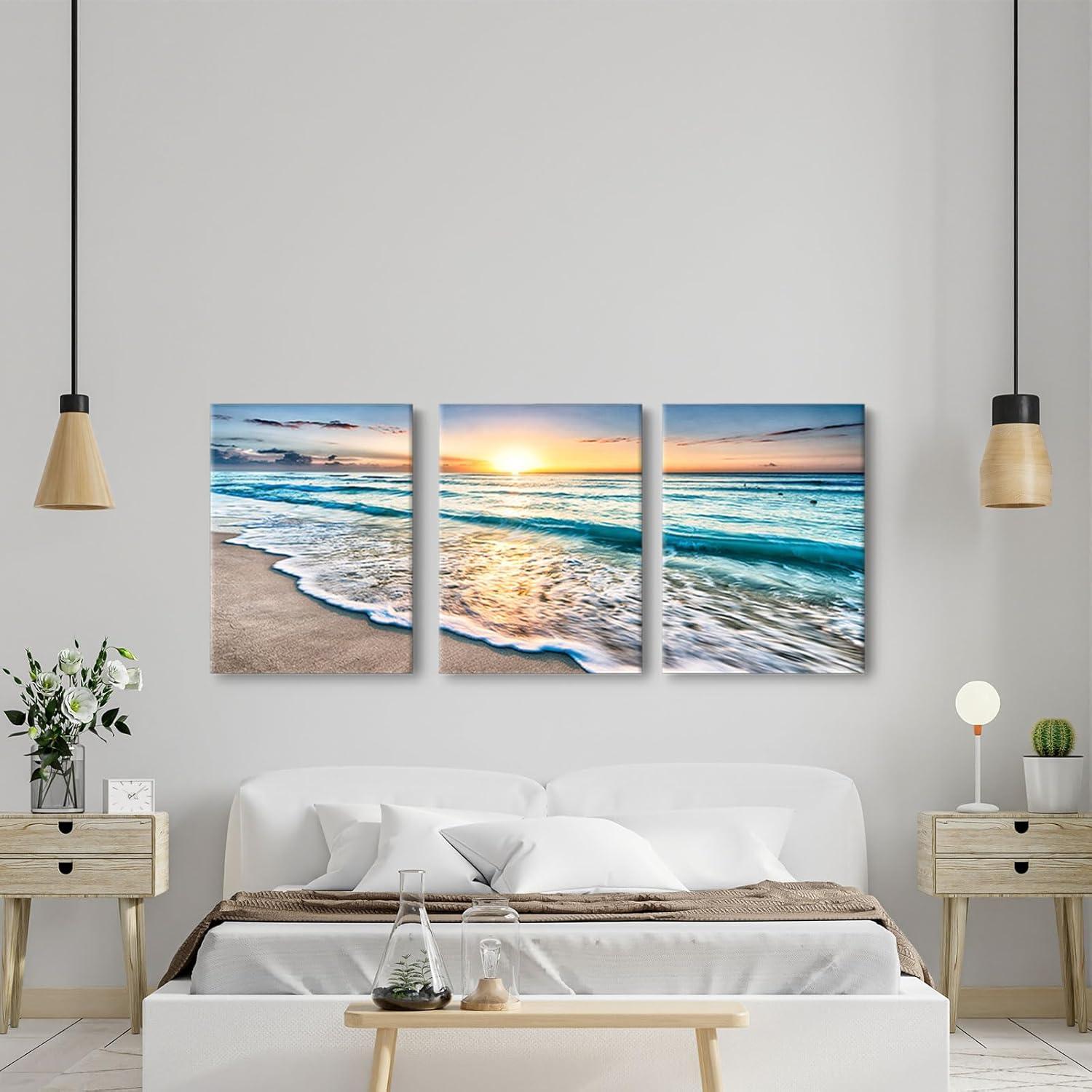 Asdg12s-3 Panel Wall Art Blue Sea Sunset White Beach Painting The Picture Print On Canvas Seascape The Pictures for Home Decor Decoration,Ready to Hang