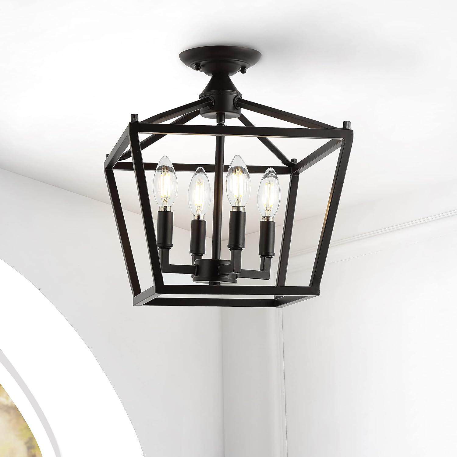 Plains Mini Lantern 12" 4-Light Iron Modern Farmhouse LED Flush Mount, Oil Rubbed Bronze