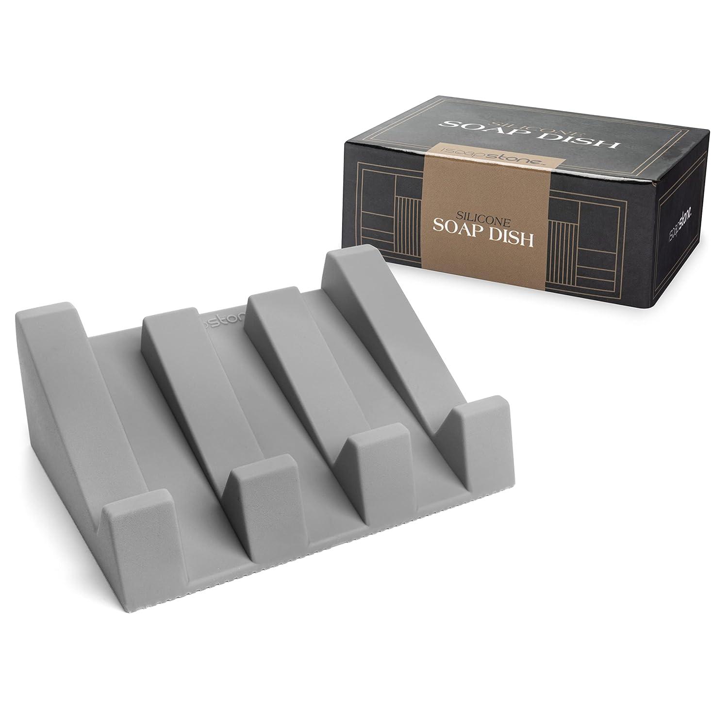 iSoapStone Premium Self-Draining Silicone Soap Dish: Waterfall Bar Holder Tray with Drain Saver, Anti-Slip Kitchen & Bathroom Accessory for Sponges and Bar Soaps - Patent-Pending Design (Light Grey)