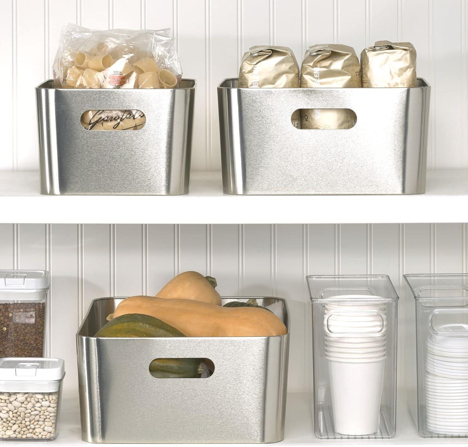 mDesign Steel Metal Storage Container Bin Basket, Handle - Kitchen Pantry, Cabinet, Fridge, Drawers, Freezer Organization - Food/Snack Holder Crates, 12" Wide - Mirri Collection, Brushed Chrome
