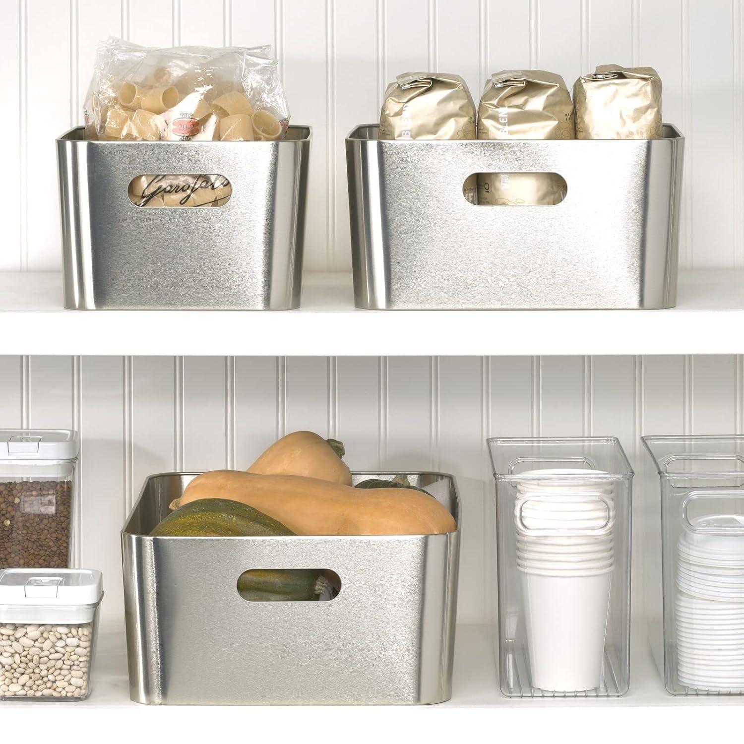 mDesign Steel Metal Storage Container Bin Basket, Handle - Kitchen Pantry, Cabinet, Fridge, Drawers, Freezer Organization - Food/Snack Holder Crates, 12" Wide - Mirri Collection, Brushed Chrome