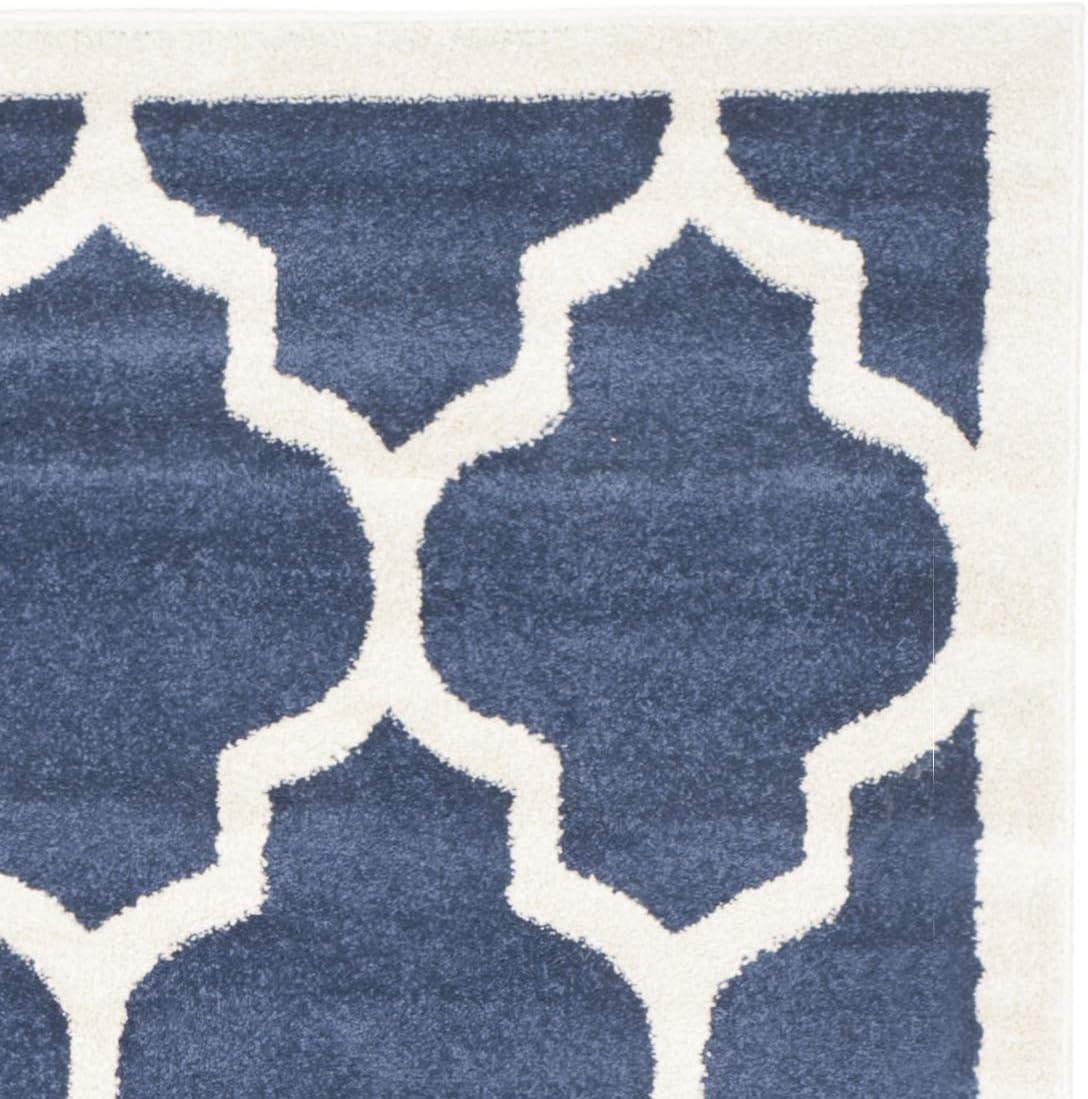 Navy and Beige 36" Square Geometric Synthetic Area Rug