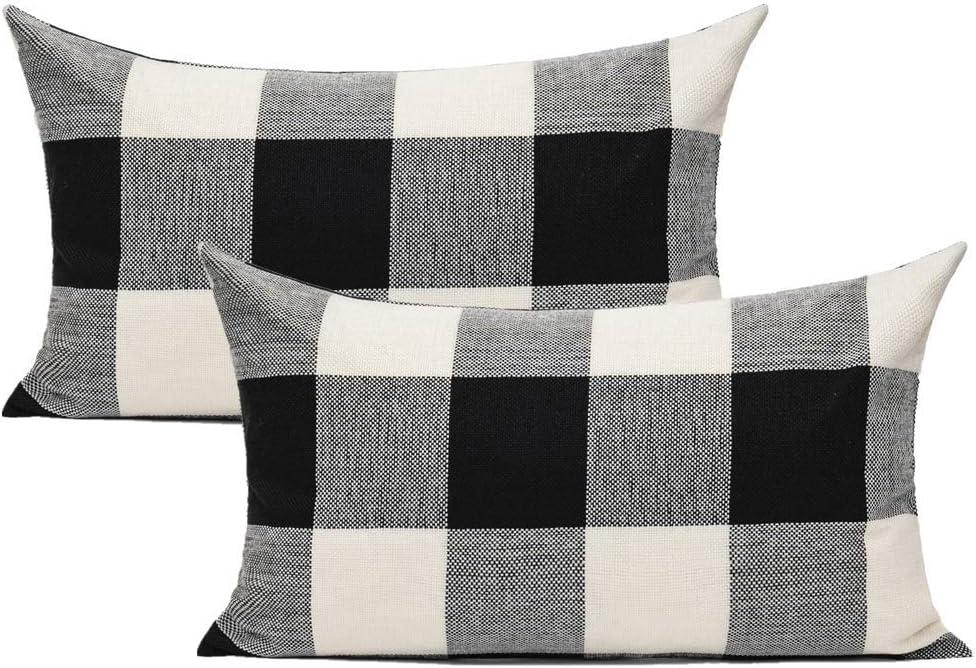 Set of 2 Farmhouse Buffalo Check Plaid Throw Pillow Covers Cushion Case Polyester Linen for Fall Home Decor Black and White, 12 x 20 Inches