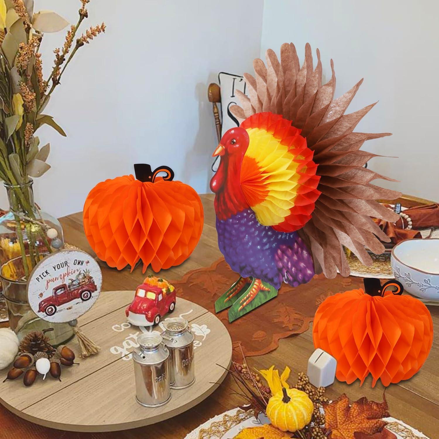 FORUP Thanksgiving Tissue Turkey Decorations - Turkey Pumpkin Centerpiece with Artificial Maple Leaves for Harvest Party Table Accessories
