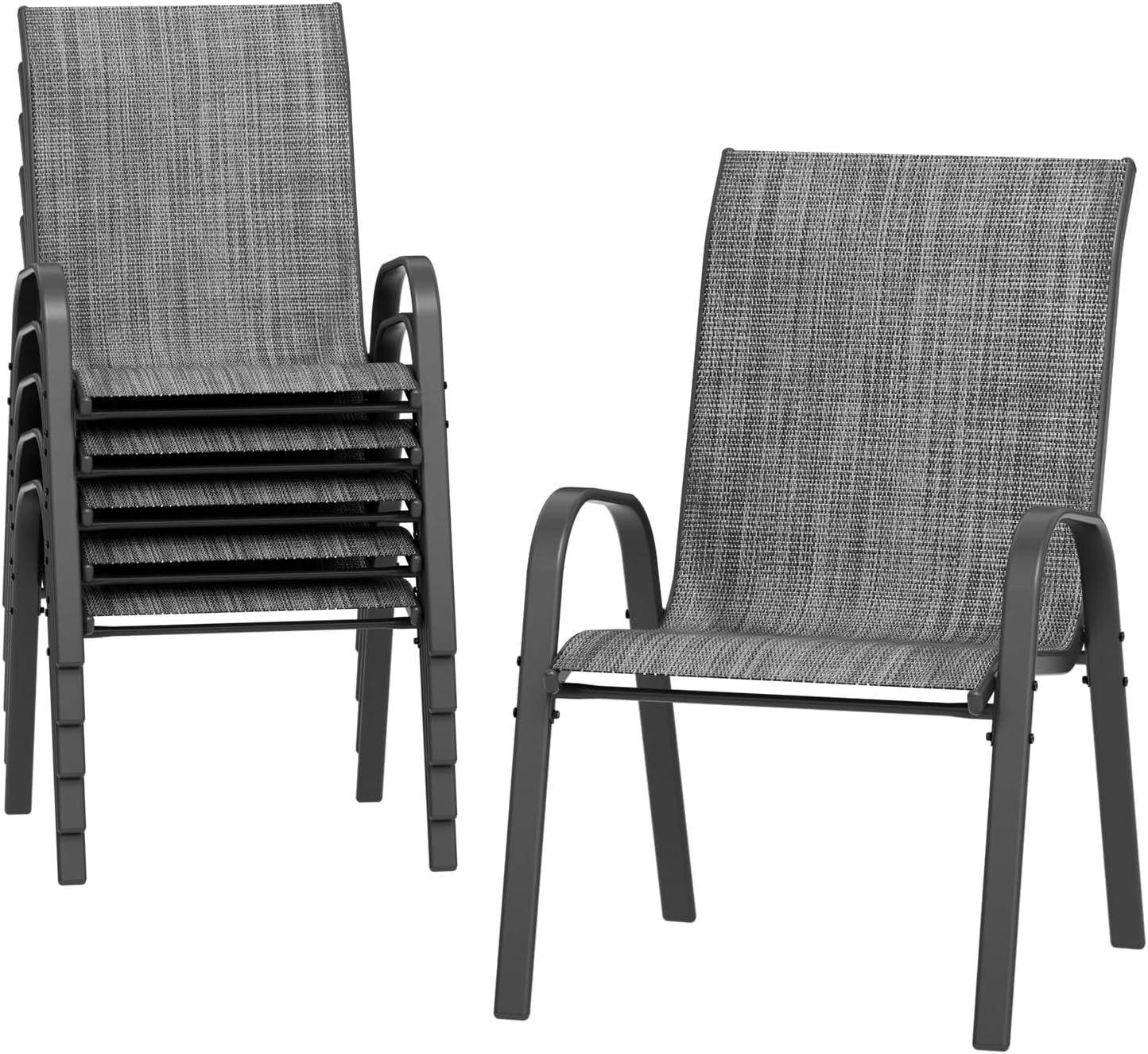 Patio Chairs Set of 6, Outdoor Lightweight Stackable Dining Chairs w/All-Weather Textilene Fabric & Metal Frame, 350LBS Capacity, Outdoor Furniture for Pool Deck, Backyard, Garden (Dark Grey)