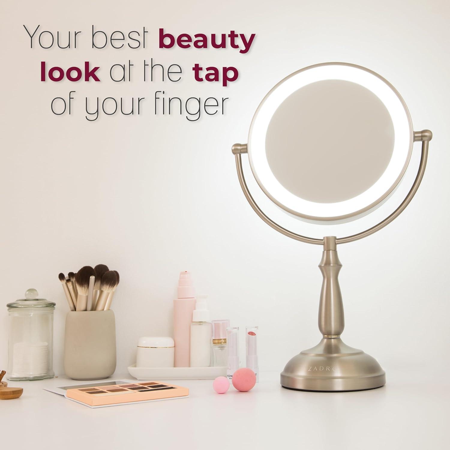 Satin Nickel Round LED Lighted Makeup Mirror with 5X/1X Magnification