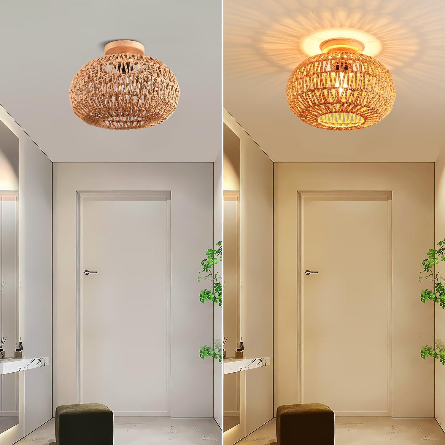 Bay Isle Home™ Bamboo Ceiling Light Fixtures, Hand-Woven Boho Flush Mount Ceiling Light, Handmade Ceiling Mount With Natural Bamboo Shade, Farmhouse Light Fixture