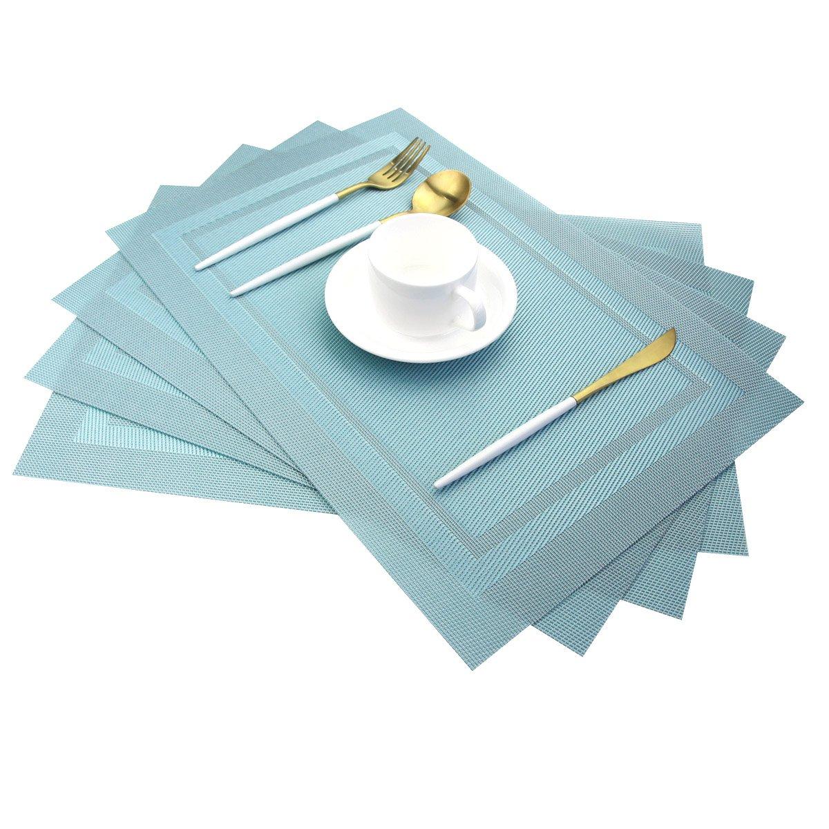PIGCHCY Heat Insulation Non Slip Plastic Placemats,Washable Easy to Clean Woven Vinyl Kitchen Stain Resistant Placemats for Dining Table Set of 6 (Sky Blue)
