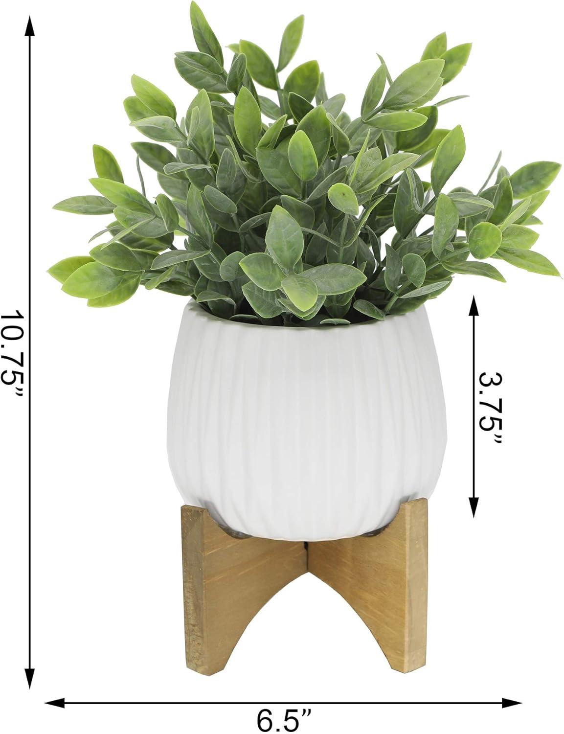 Artificial Plant Tea Leaf in 5 in Ridge Ceramic Pot on Wood Stand,Matte White