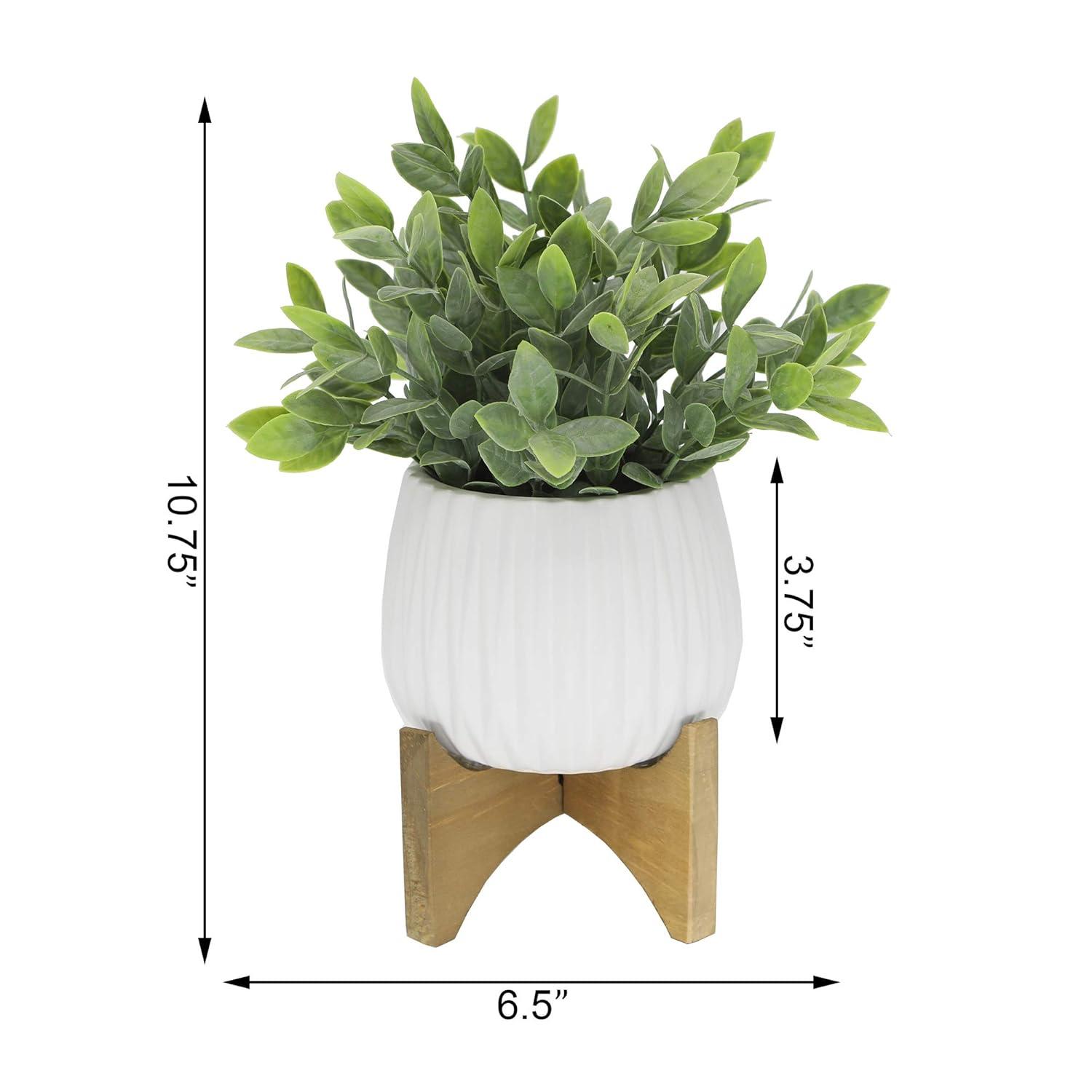 Artificial Plant Tea Leaf in 5 in Ridge Ceramic Pot on Wood Stand,Matte White