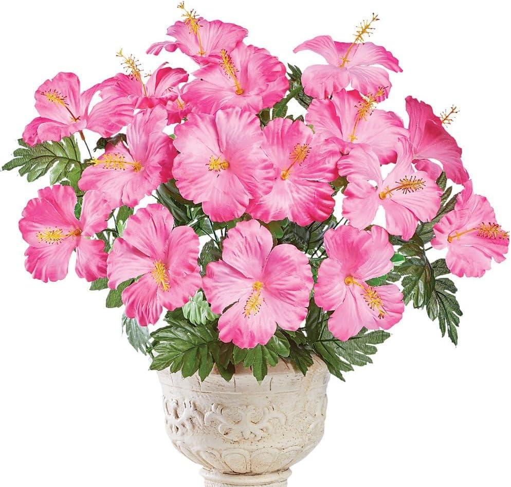 Collections Etc Bright Tropical Faux Hibiscus Bushes - Set of 3, Outdoor or Indoor Decorative Accent