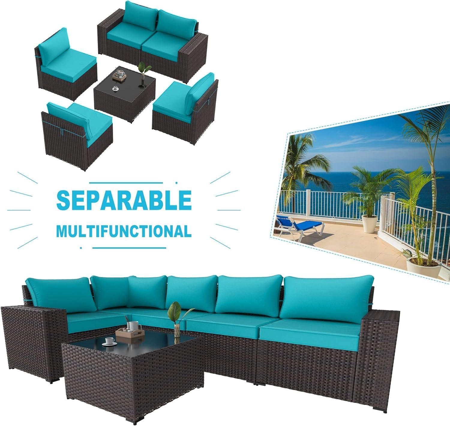 5-Piece Brown Steel Frame Outdoor Sectional Sofa with Blue Cushions