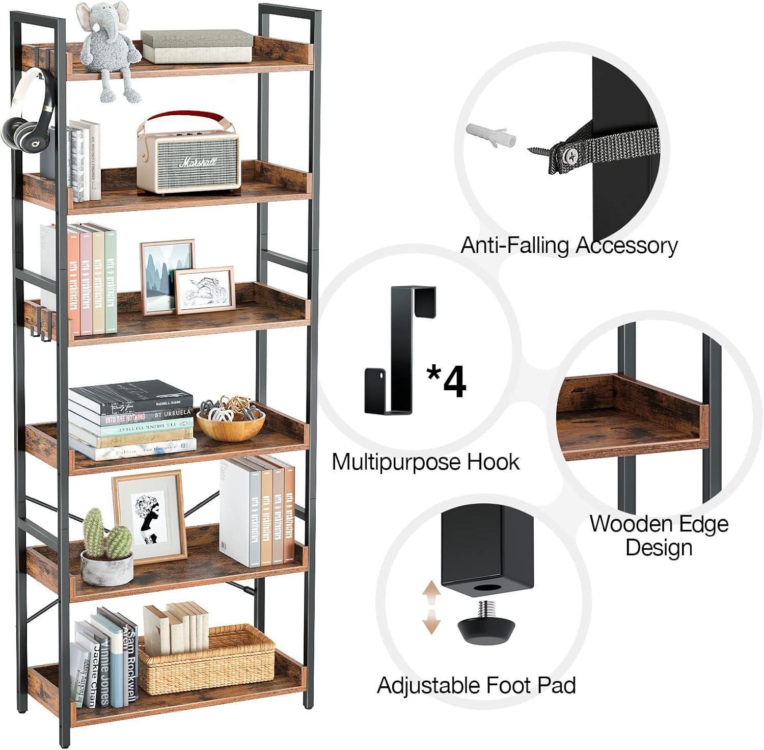 Bookshelf 6 Tier with 4 Hooks  Industrial Bookcase  Vintage Storage Rack with Open Shelves  Rustic Standing Bookshelves Metal Frame Display Rack for Living Room  Bedroom  Rustic Brown