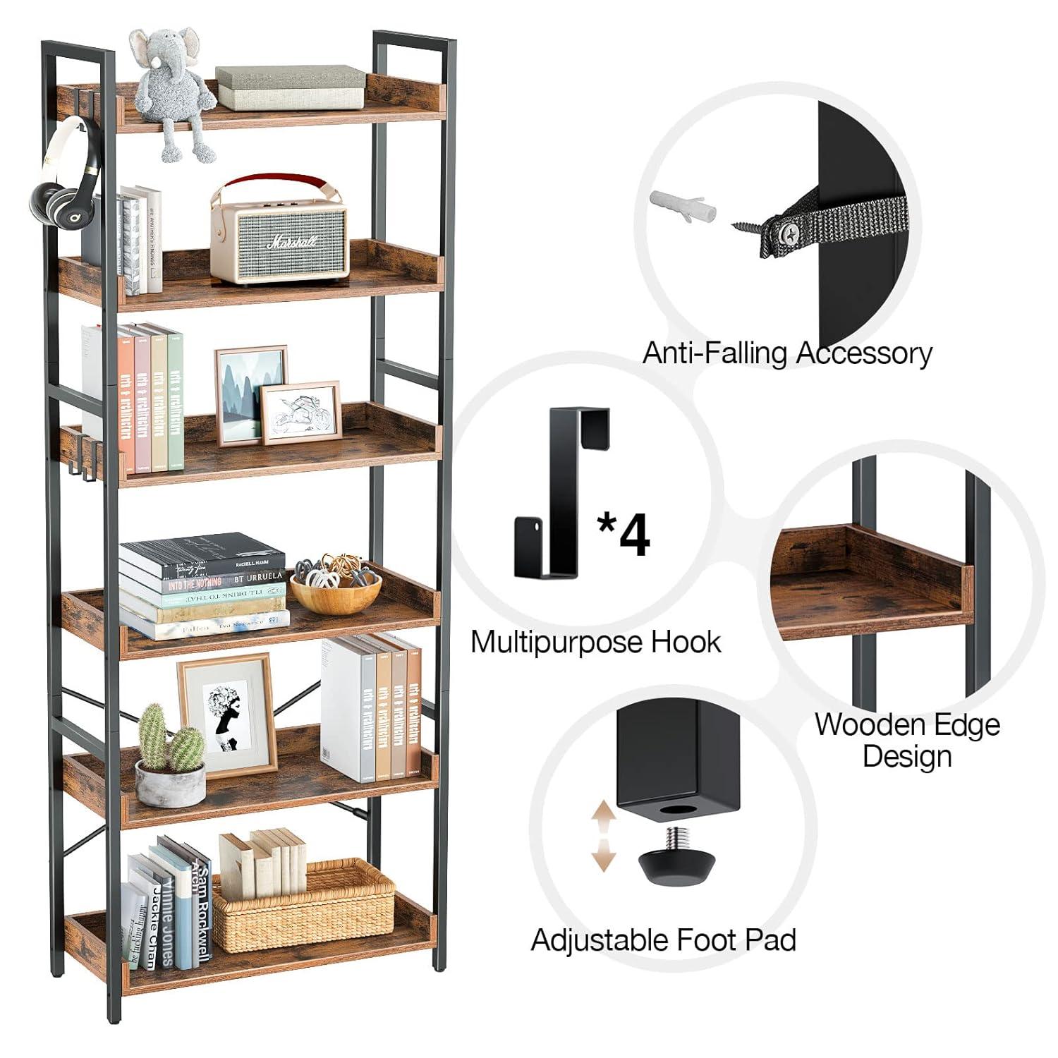 Bookshelf 6 Tier with 4 Hooks  Industrial Bookcase  Vintage Storage Rack with Open Shelves  Rustic Standing Bookshelves Metal Frame Display Rack for Living Room  Bedroom  Rustic Brown