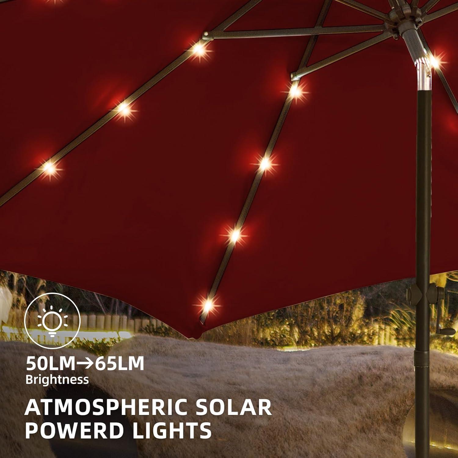 JEAREY Upgrade 9FT LED Lighted Patio Umbrella, Solar Outdoor Umbrella, Tilt Table Umbrella for Pool, Deck & Yard (Red)