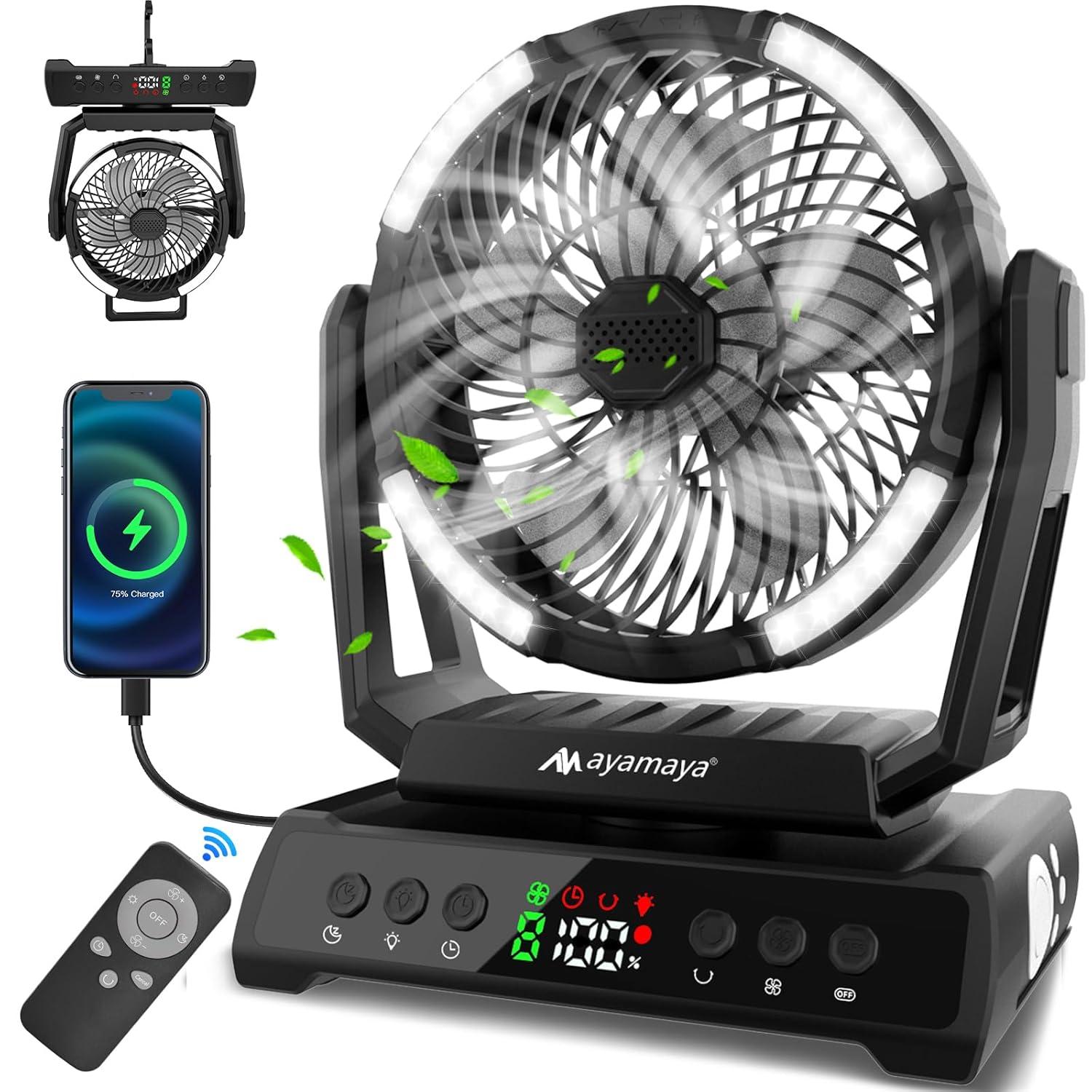 ayamaya Camping Fan, 20000mAh Rechargeable Tent Fan with Light, Remote, 9 Speeds Battery Powered Fans with Digital Display, Timer, Auto Oscillation & Hook for Camping, Outdoors