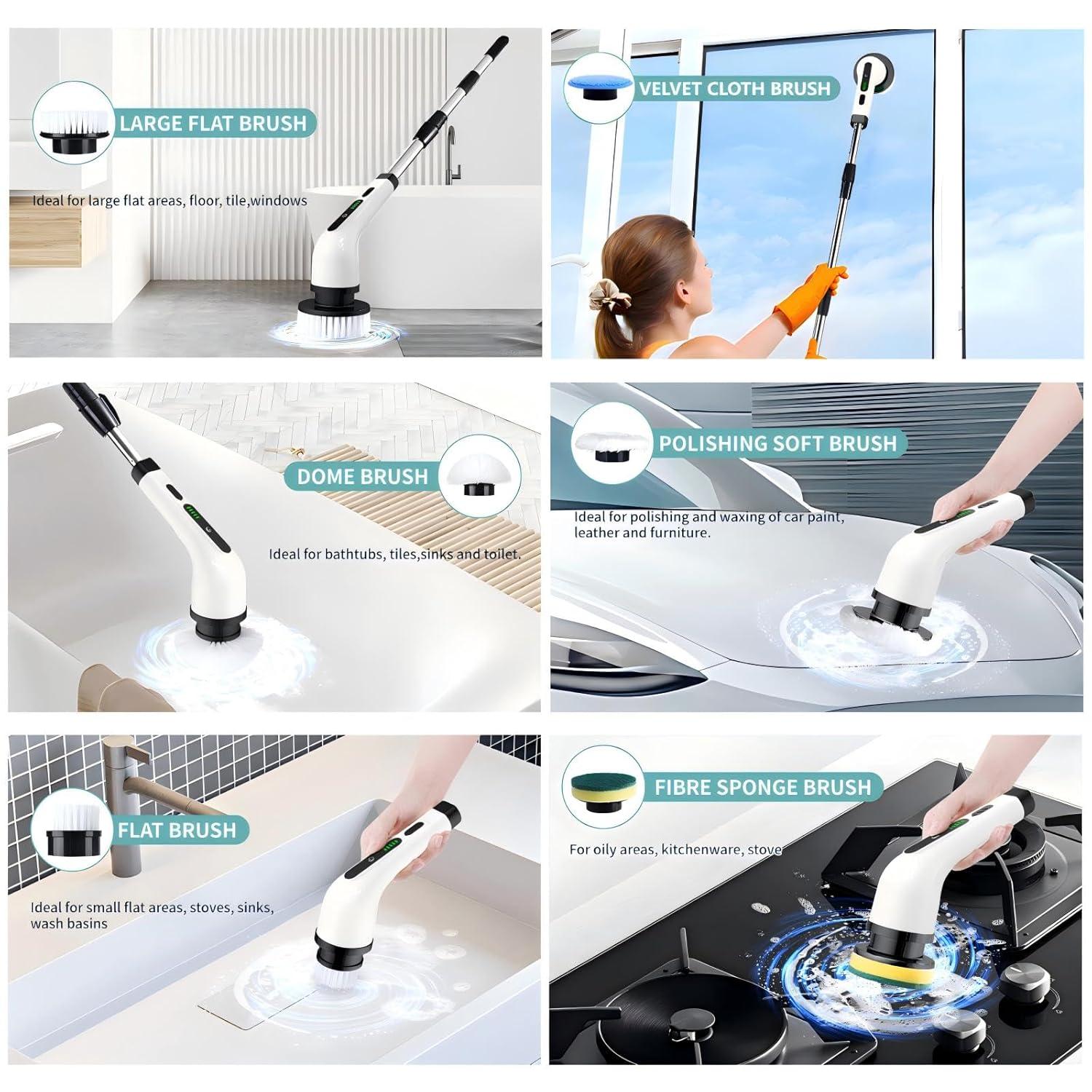 Electric Spin Scrubber, Cordless Cleaning Brush, Shower Cleaning Brush with 9 Brush Heads 2H Power Dual Speed, Adjustable Extension Handle, IPX7 Waterproof for Tub Tile Floor Car, White